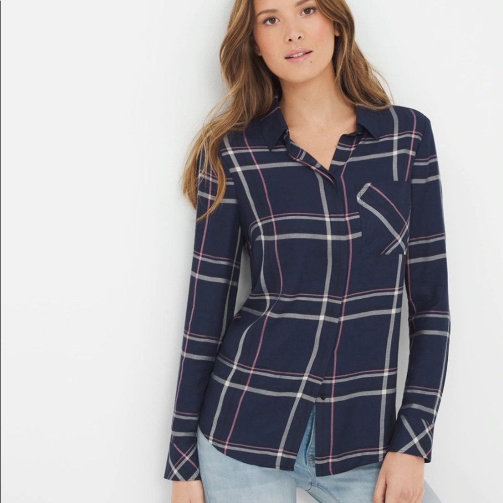 White House Black Market Blue & Pink Plaid Shirt